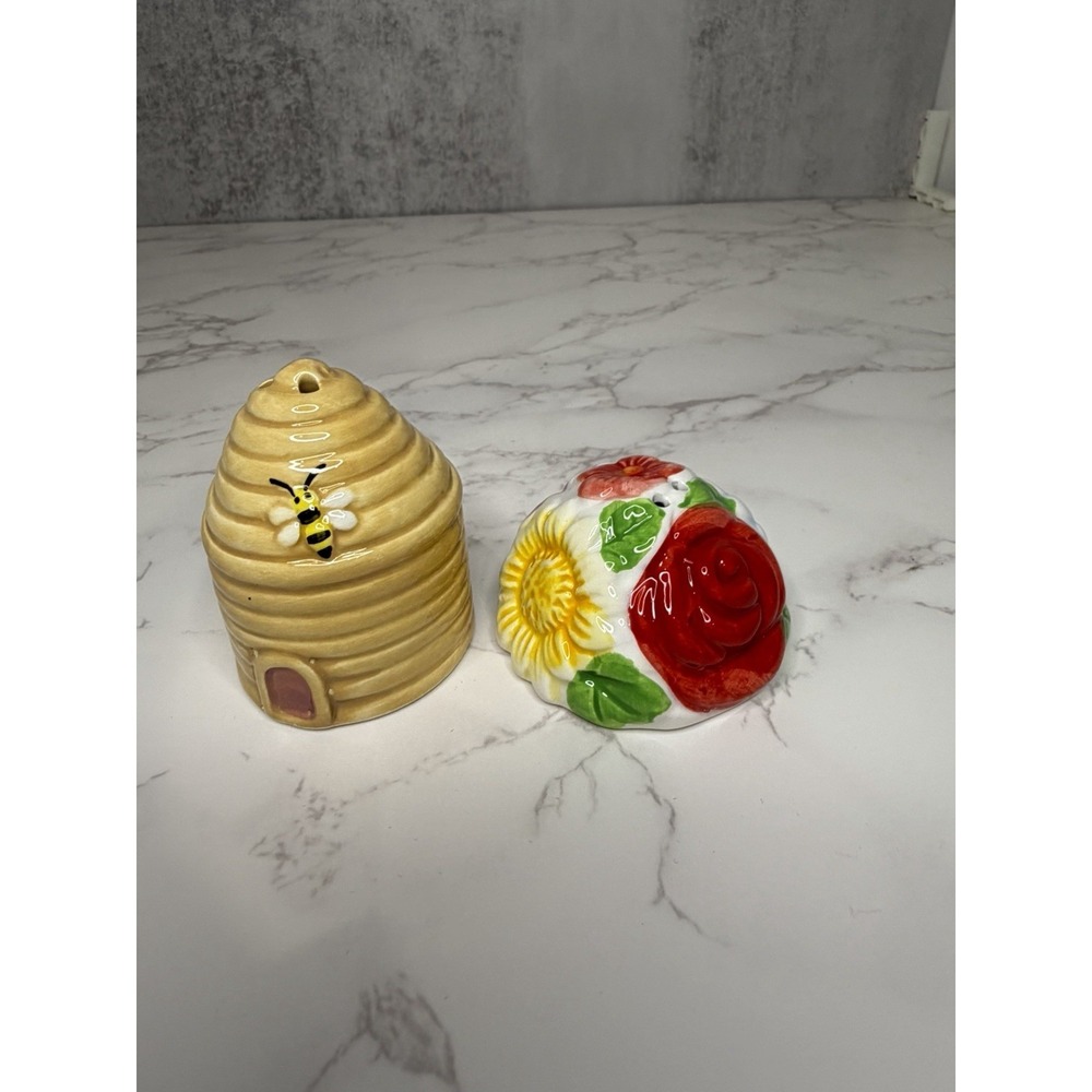 FabulousHome Ceramic Beehive and Floral Salt and Pepper Shakers Set Yellow Red